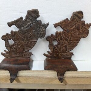 Vintage Set Of 2 Cast Iron Santa Claus Stocking Holder Hanger Christmas Ho Ho Ho